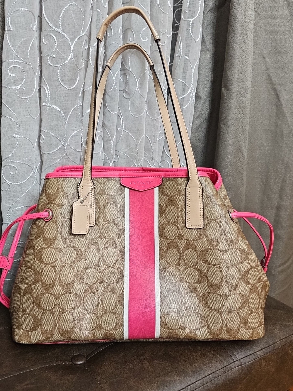 Coach Brown Signature Tote with Pink Center Stripe